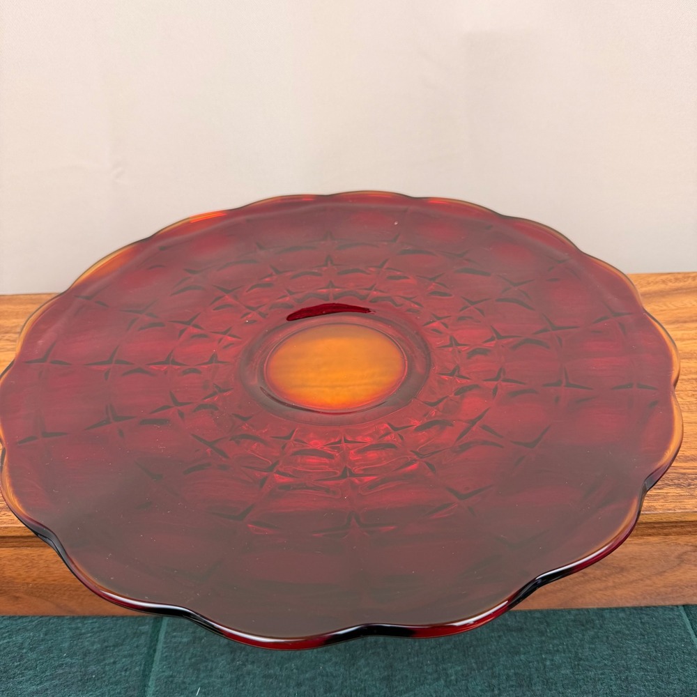 Tiara Constellation Sunset Amberina Glass Cake Stand 12.75" Scalloped Edge Red